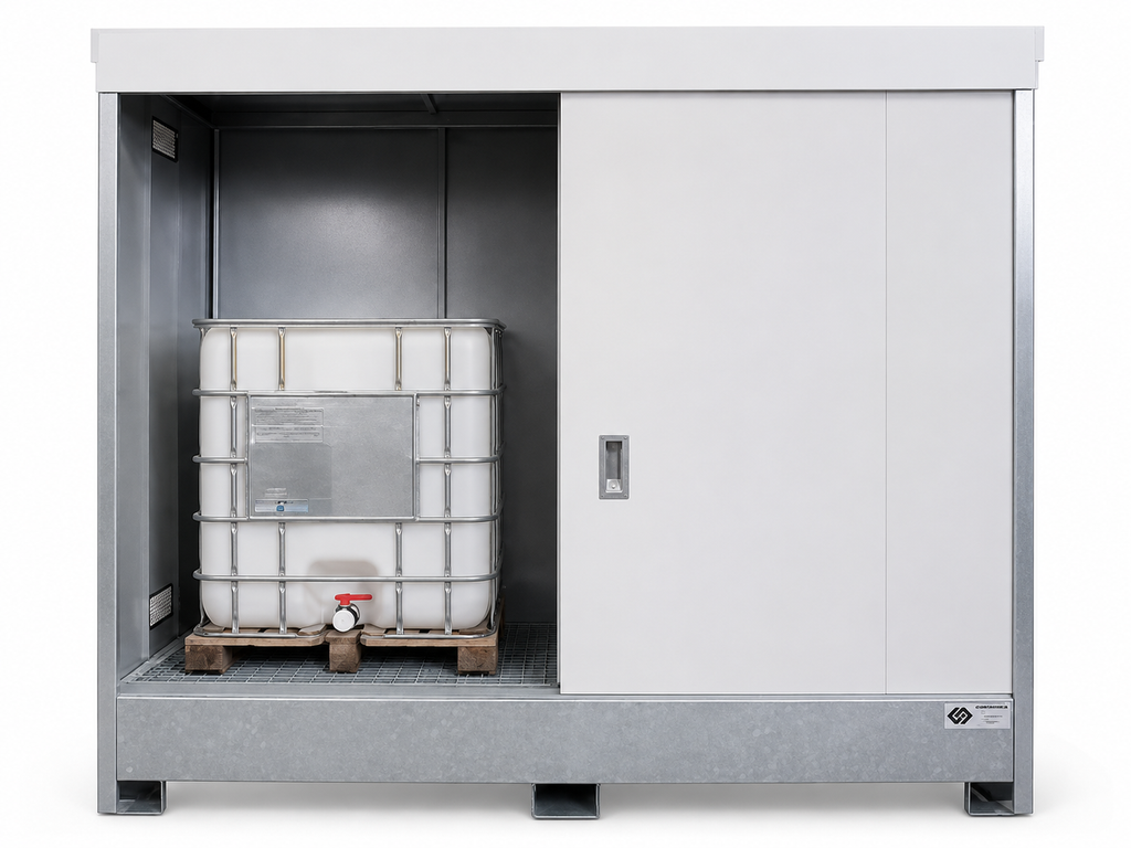 CONTAINER DI STOCCAGGIO CON VASCA DI RACCOLTA – 8 FUSTI O 2 IBC