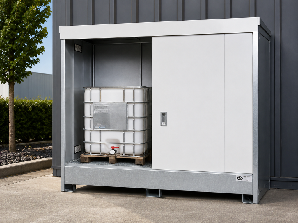 CONTAINER DI STOCCAGGIO CON VASCA DI RACCOLTA – 8 FUSTI O 2 IBC